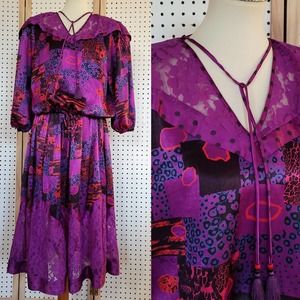 -Vintage Diane Freis Silk 2 Piece Dress Purple Red